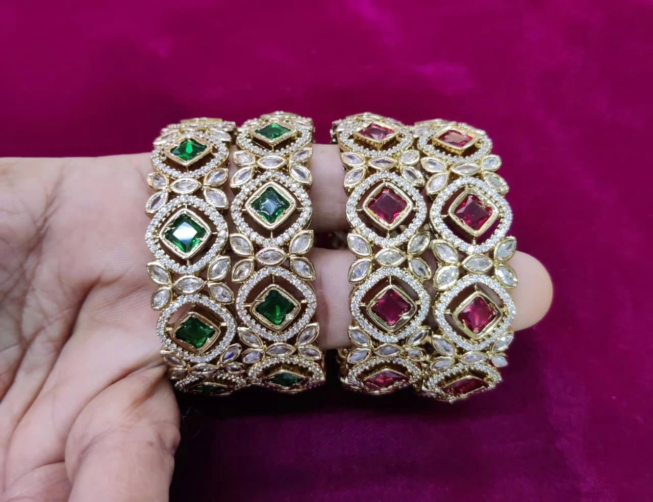 Luxury Kundan Bangles with Emerald & Ruby Stonework