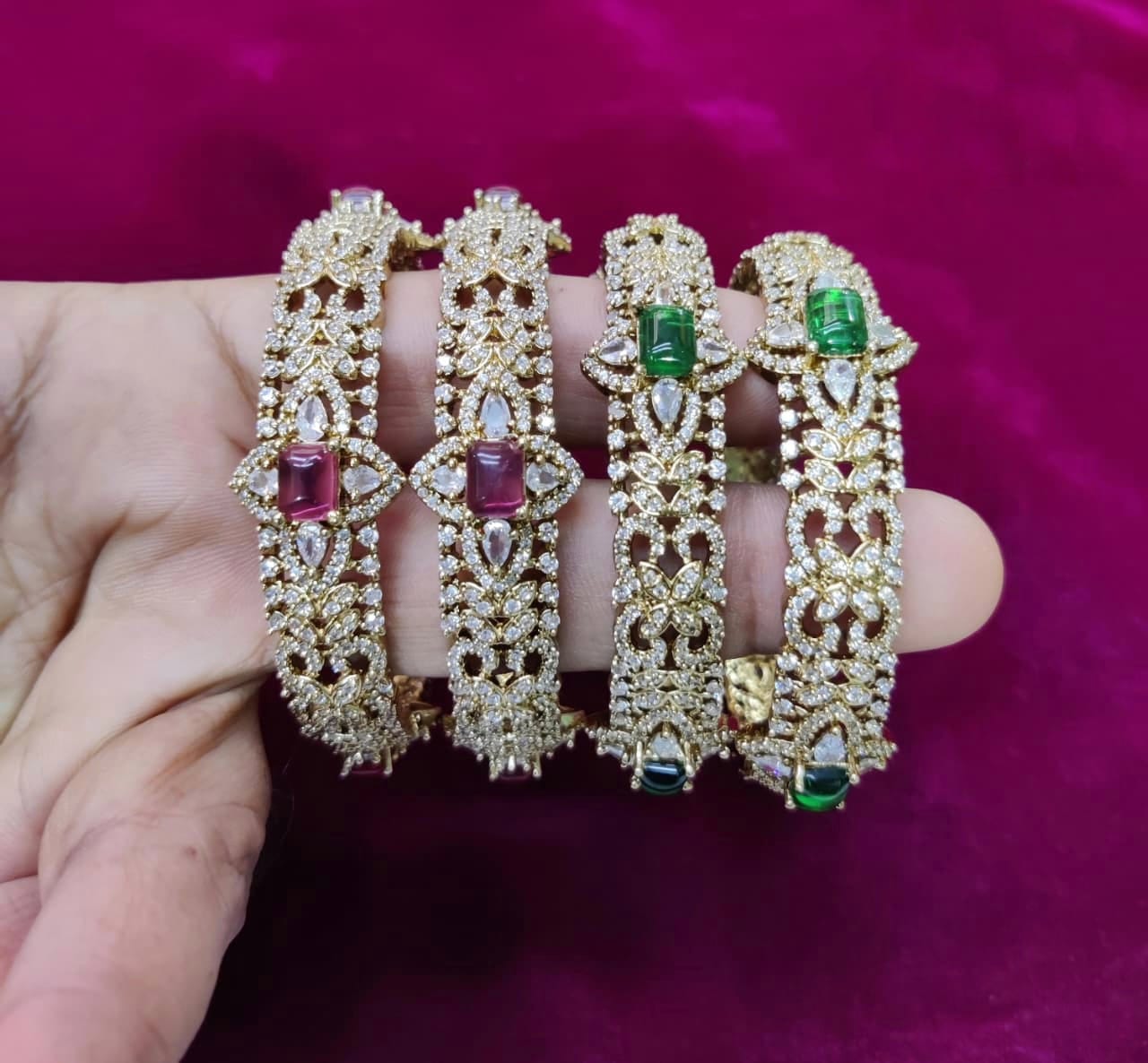 Luxury Kundan Bangles with Emerald & Ruby Stonework