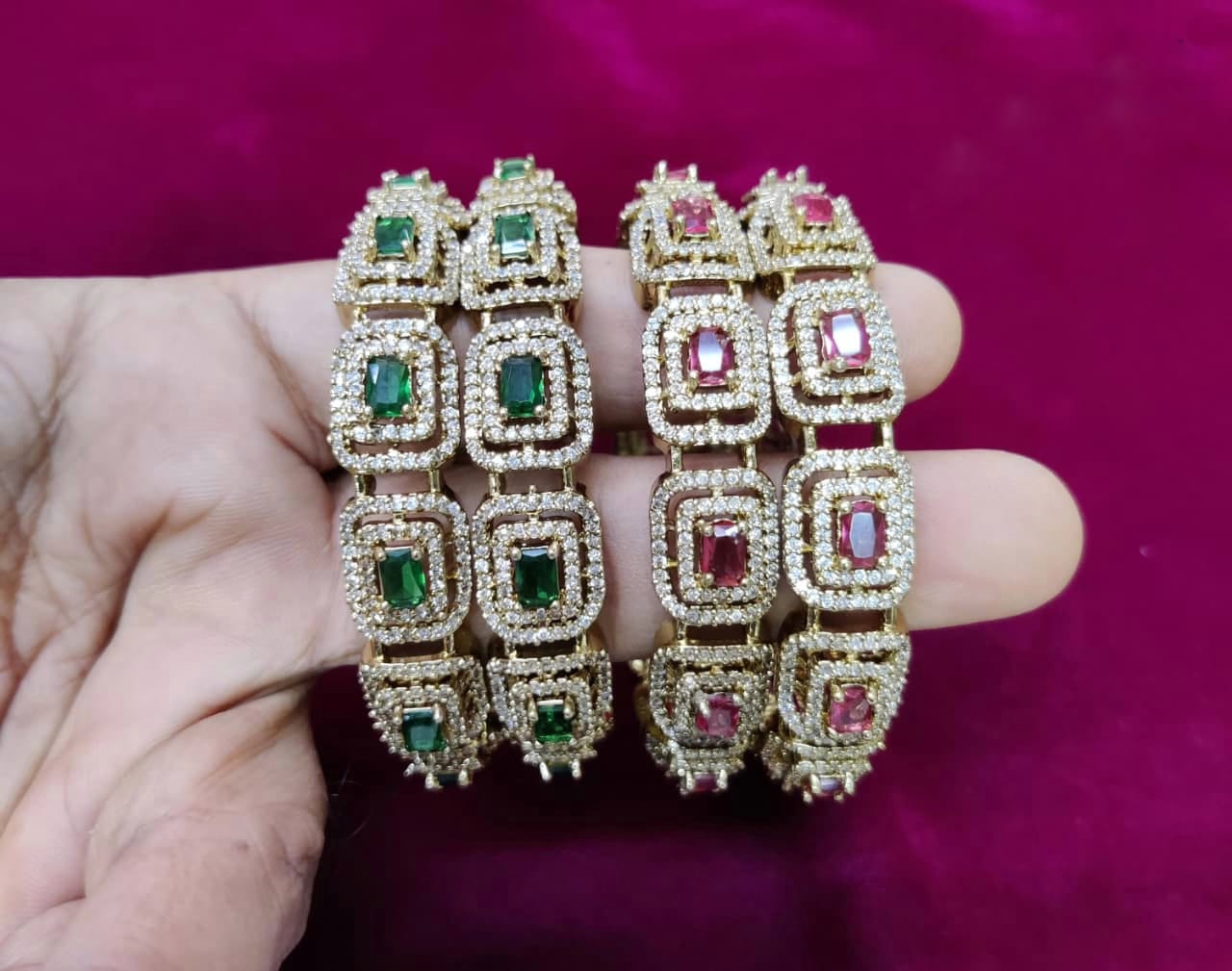 Luxury Kundan Bangles with Emerald & Ruby Stonework
