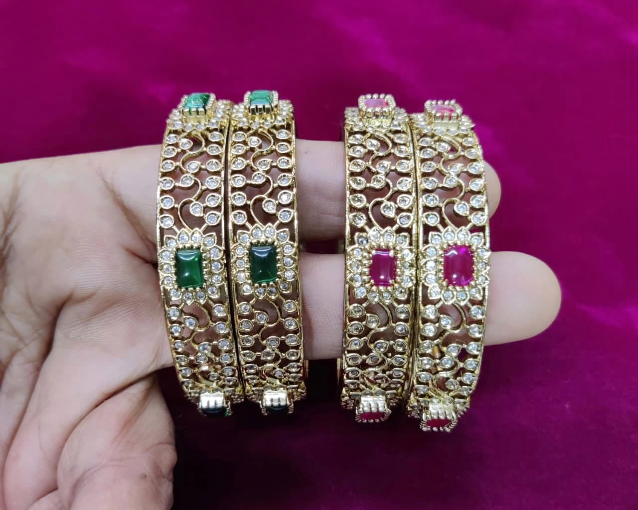 Luxury Kundan Bangles with Emerald & Ruby Stonework