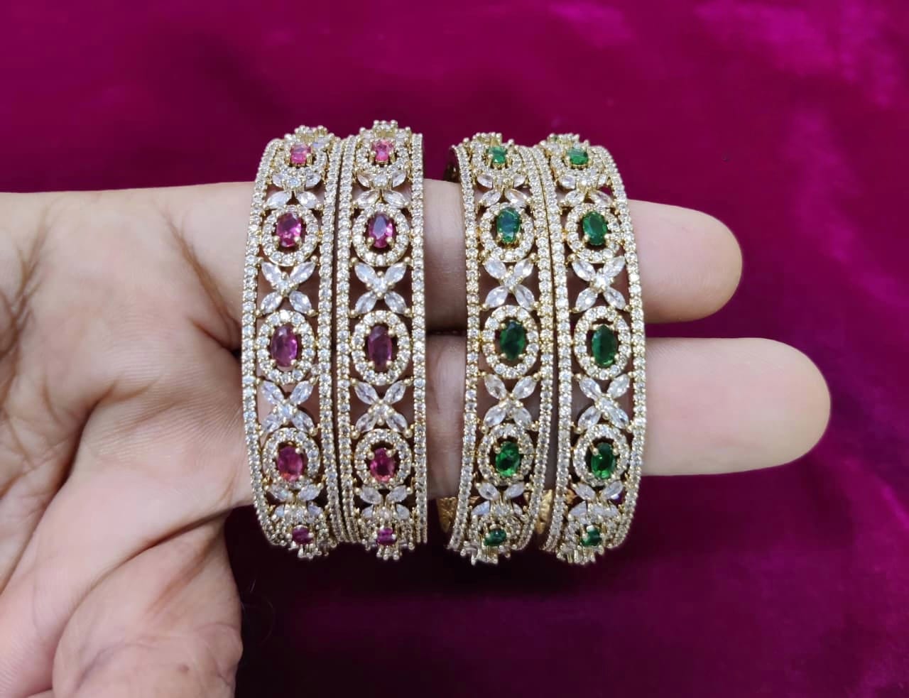 Luxury Kundan Bangles with Emerald & Ruby Stonework