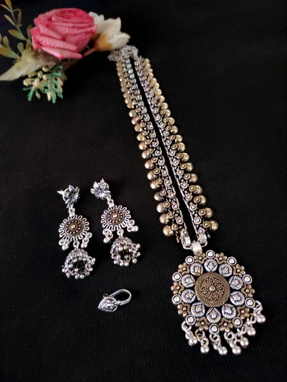 German Silver Oxidised Temple Necklace Set with Jhumka Earrings – Dual‑Tone Statement Collection
