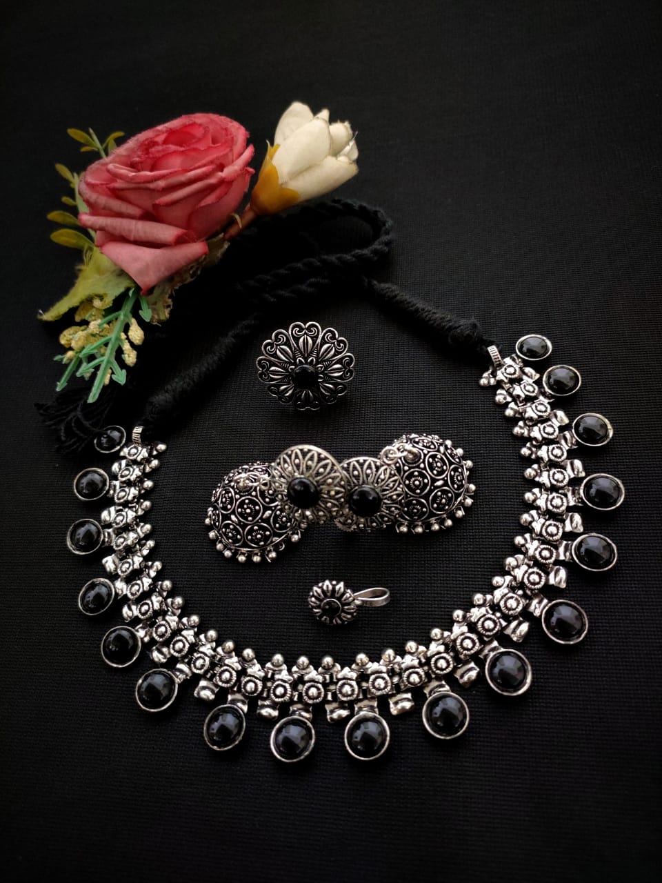 Oxidised Afghani Choker Set (German Silver) – Necklace, Earrings, Ring & Nose Pin