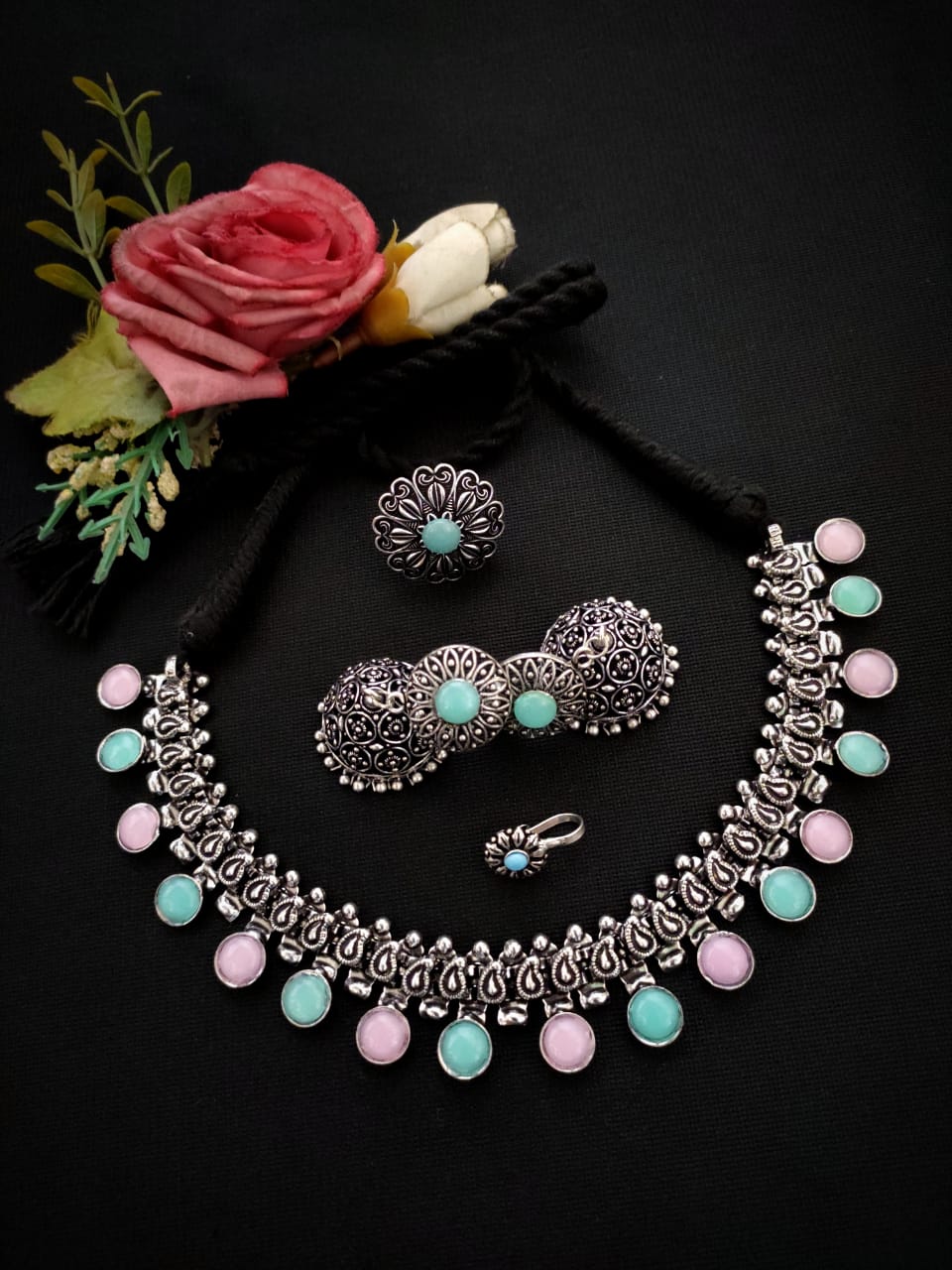 Oxidised Afghani Choker Set (German Silver) – Necklace, Earrings, Ring & Nose Pin
