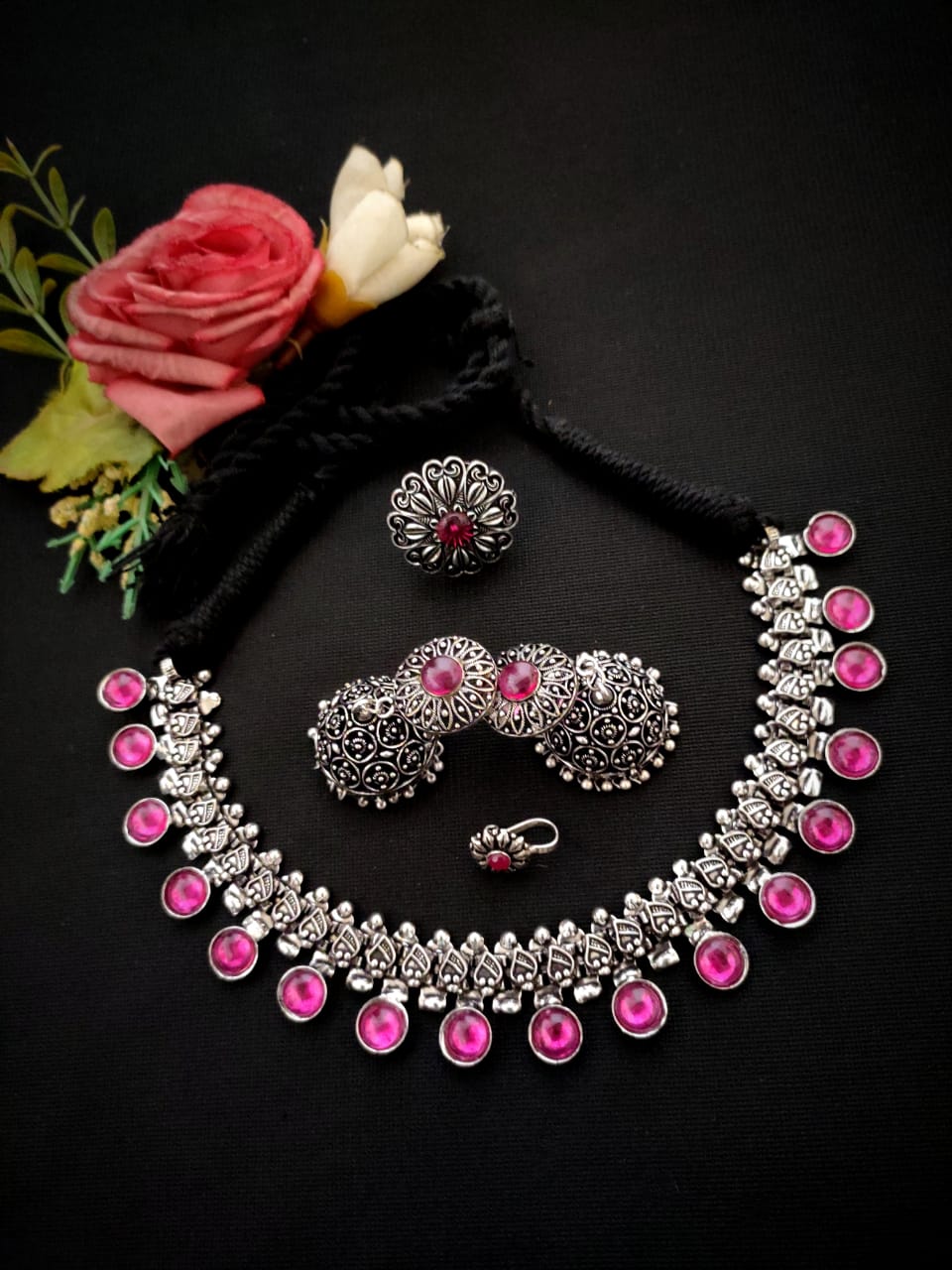 Oxidised Afghani Choker Set (German Silver) – Necklace, Earrings, Ring & Nose Pin