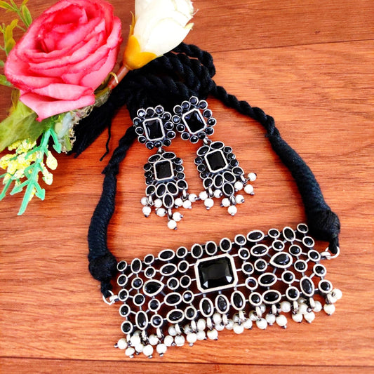 Oxidised Afghani Bib Necklace Set with Pearl Fringe