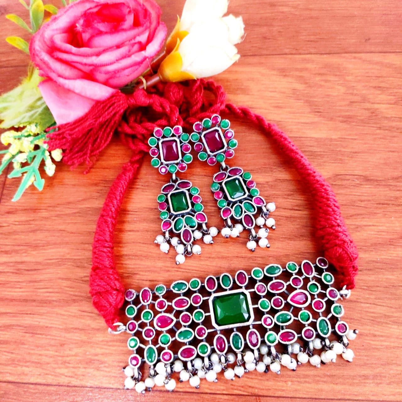 Oxidised Afghani Bib Necklace Set with Pearl Fringe