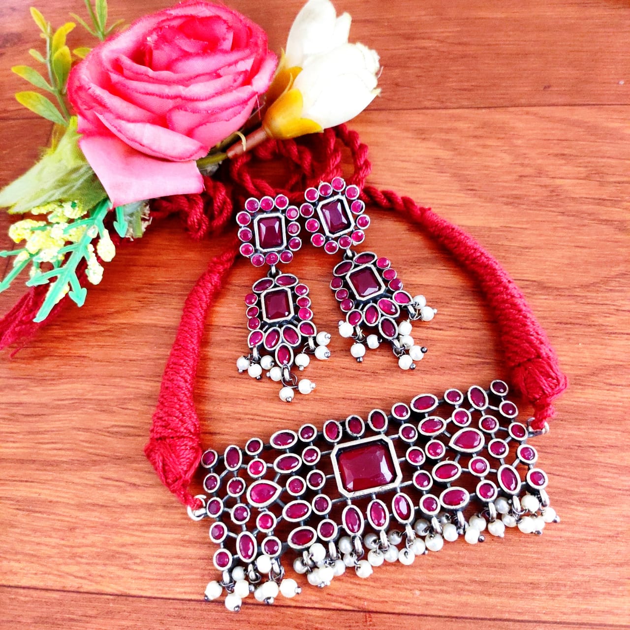 Oxidised Afghani Bib Necklace Set with Pearl Fringe