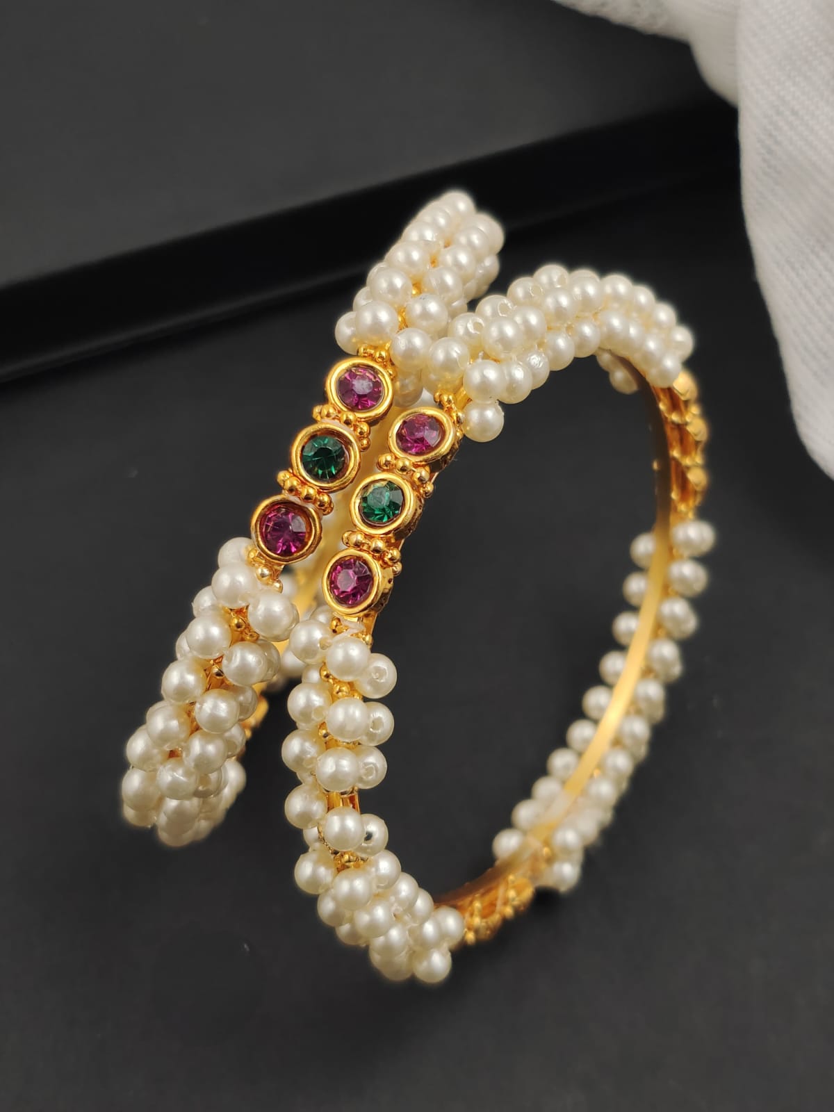 Double‑Row Pearl Bangles with Multicolor Bezel Stones – Gold‑Tone (Set of 2)