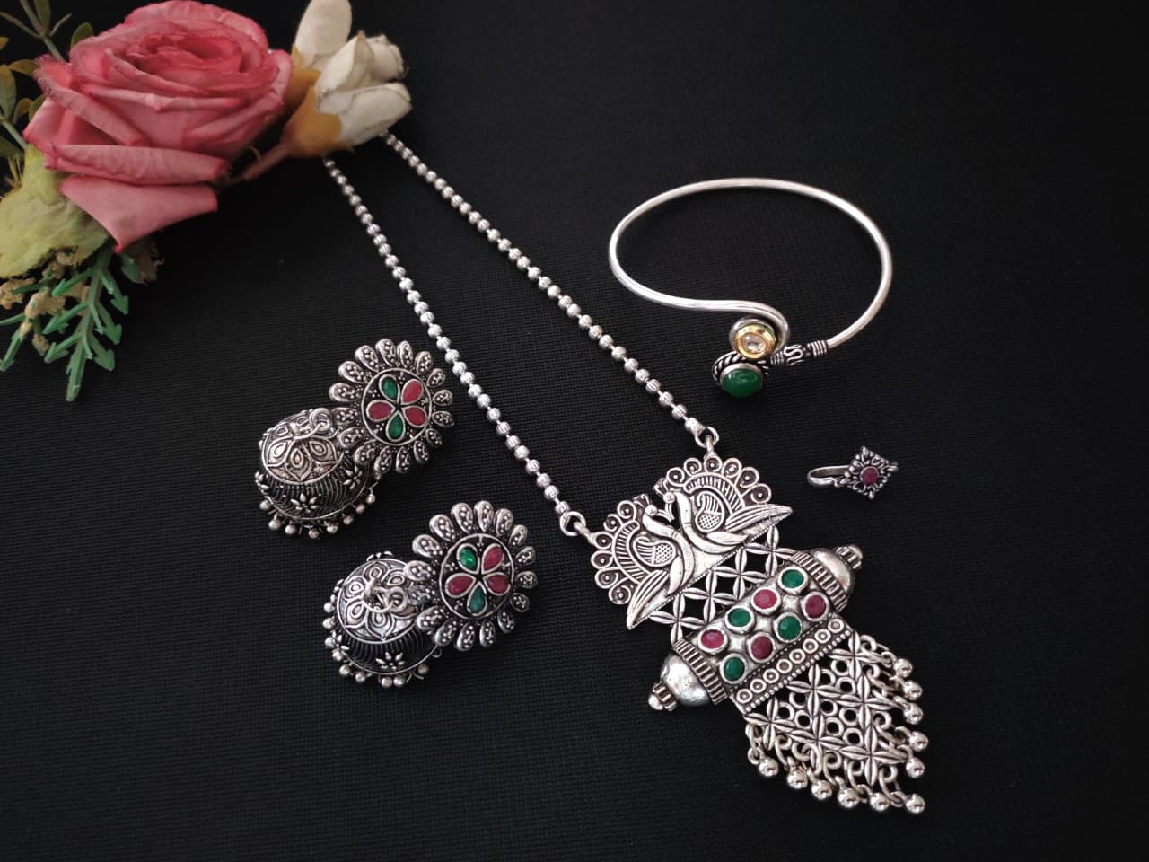 Oxidized Peacock Blue Stone 4‑Piece Set – Silver‑Tone Necklace, Jhumkas, Cuff & Ring