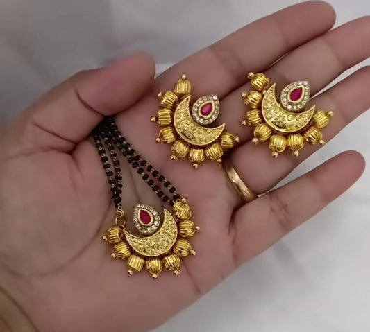 Chandbali Ruby Drop Mini Mangalsutra Set – Double‑Line Black Beads