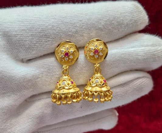 Round Radiance Stud Jhumka Earrings – Gold‑Tone ‑ Red & White Stones