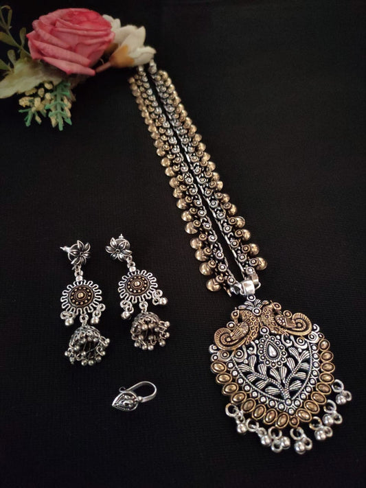 German Silver Oxidised Temple Necklace Set with Jhumka Earrings – Dual‑Tone Statement Collection