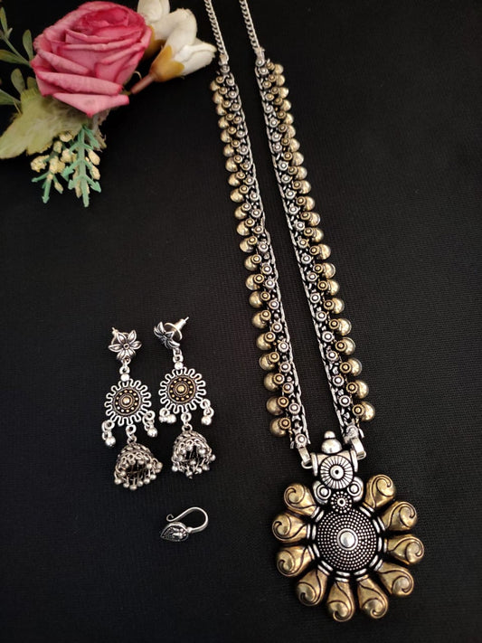 German Silver Oxidised Temple Necklace Set with Jhumka Earrings – Dual‑Tone Statement Collection