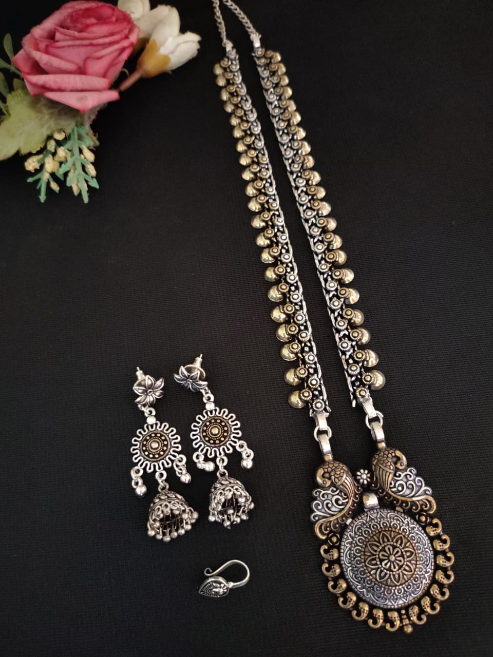 German Silver Oxidised Temple Necklace Set with Jhumka Earrings – Dual‑Tone Statement Collection