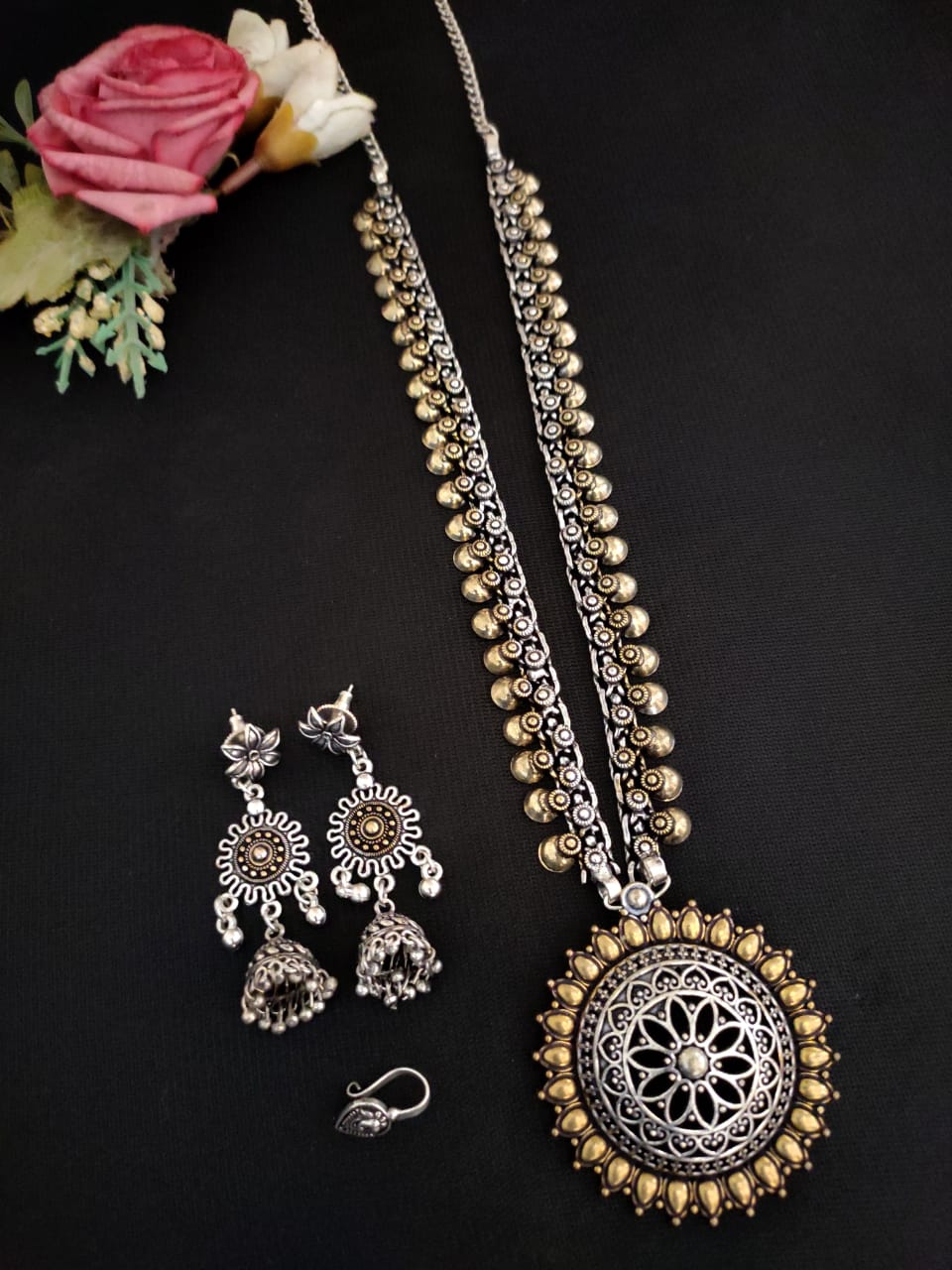 German Silver Oxidised Temple Necklace Set with Jhumka Earrings – Dual‑Tone Statement Collection