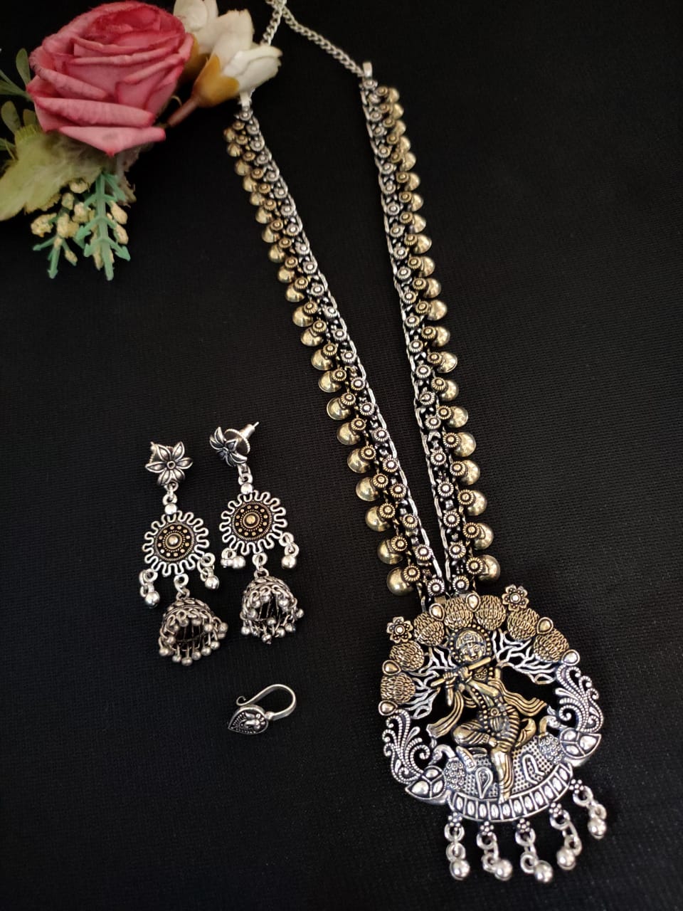 German Silver Oxidised Temple Necklace Set with Jhumka Earrings – Dual‑Tone Statement Collection