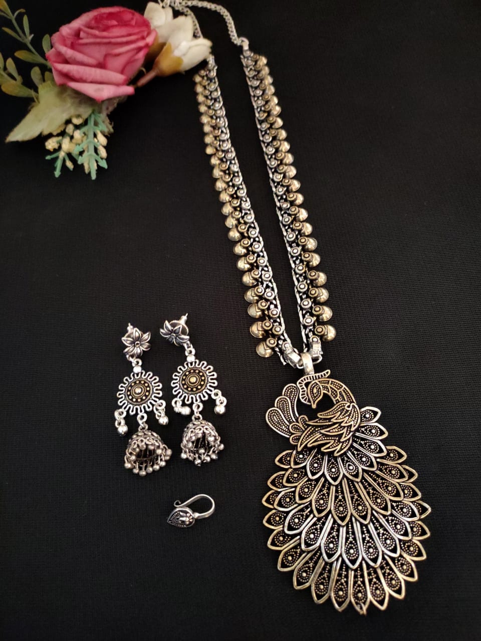 German Silver Oxidised Temple Necklace Set with Jhumka Earrings – Dual‑Tone Statement Collection