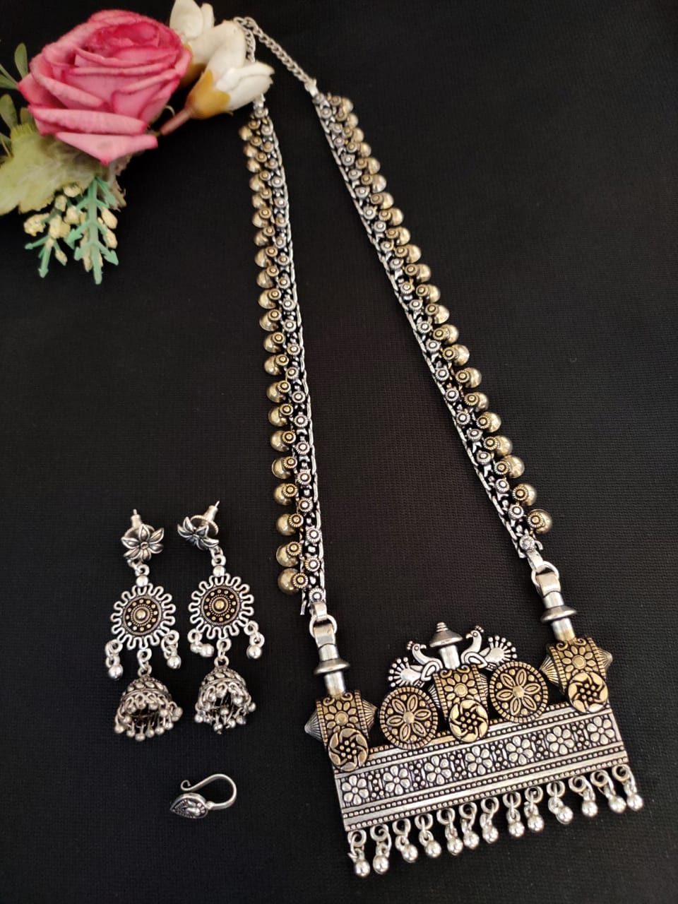 German Silver Oxidised Temple Necklace Set with Jhumka Earrings – Dual‑Tone Statement Collection