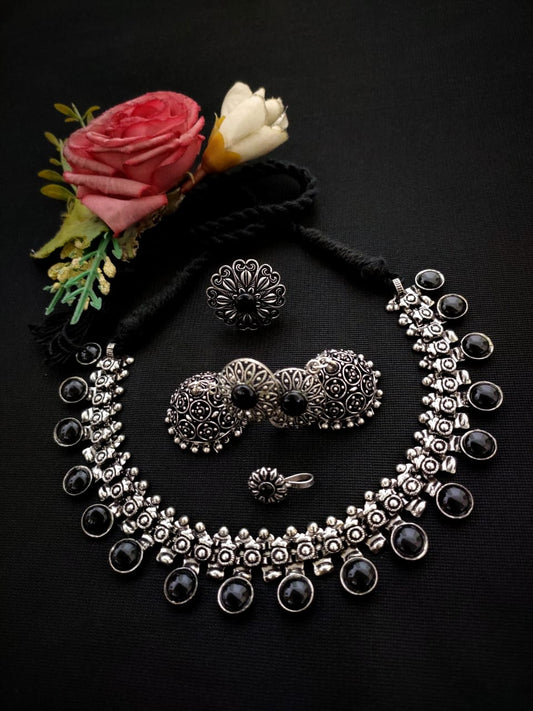 Oxidised Afghani Choker Set (German Silver) – Necklace, Earrings, Ring & Nose Pin