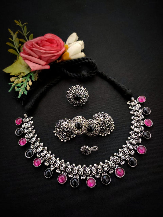 Oxidised Afghani Choker Set (German Silver) – Necklace, Earrings, Ring & Nose Pin