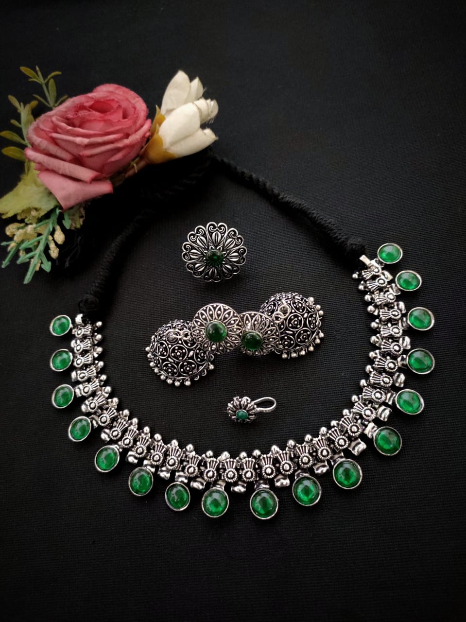 Oxidised Afghani Choker Set (German Silver) – Necklace, Earrings, Ring & Nose Pin
