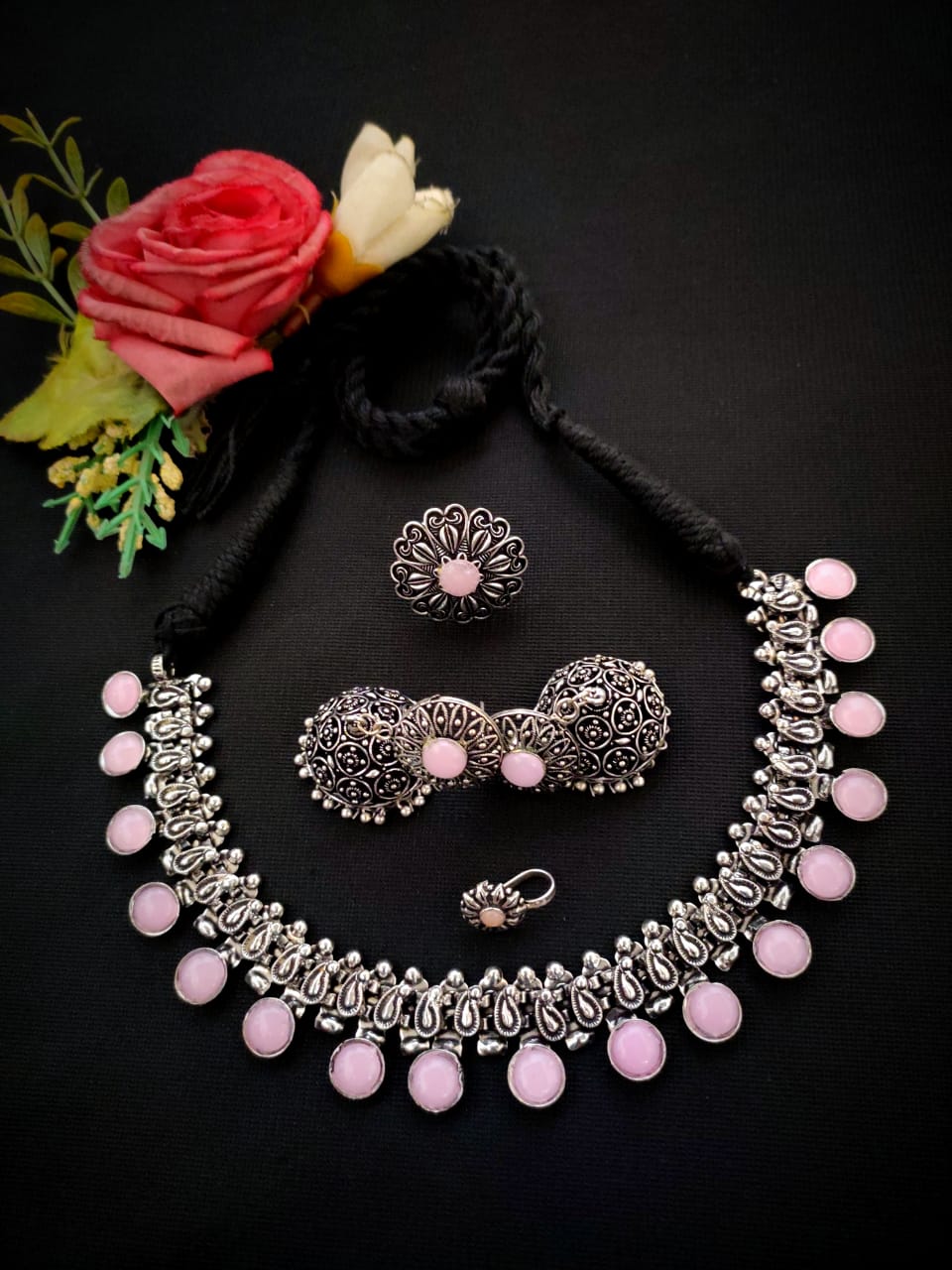 Oxidised Afghani Choker Set (German Silver) – Necklace, Earrings, Ring & Nose Pin