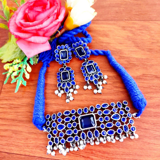 Oxidised Afghani Bib Necklace Set with Pearl Fringe