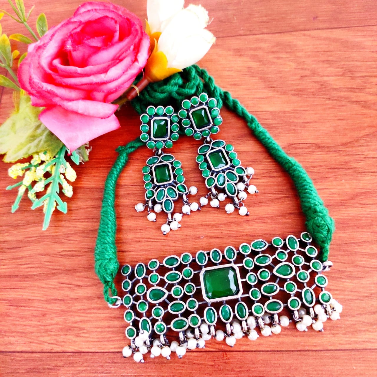 Oxidised Afghani Bib Necklace Set with Pearl Fringe