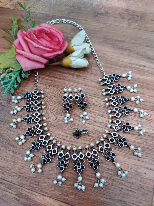 Oxidised Pearl Fringe Afghani Necklace Set – Earrings & Nose Pin