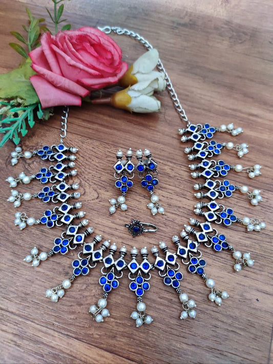 Oxidised Pearl Fringe Afghani Necklace Set – Earrings & Nose Pin