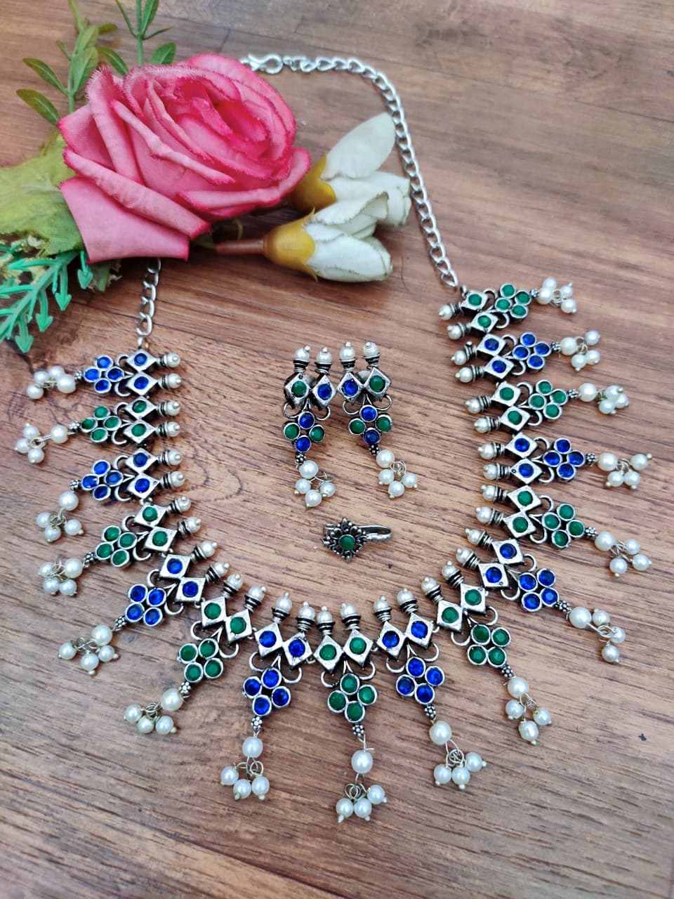 Oxidised Pearl Fringe Afghani Necklace Set – Earrings & Nose Pin
