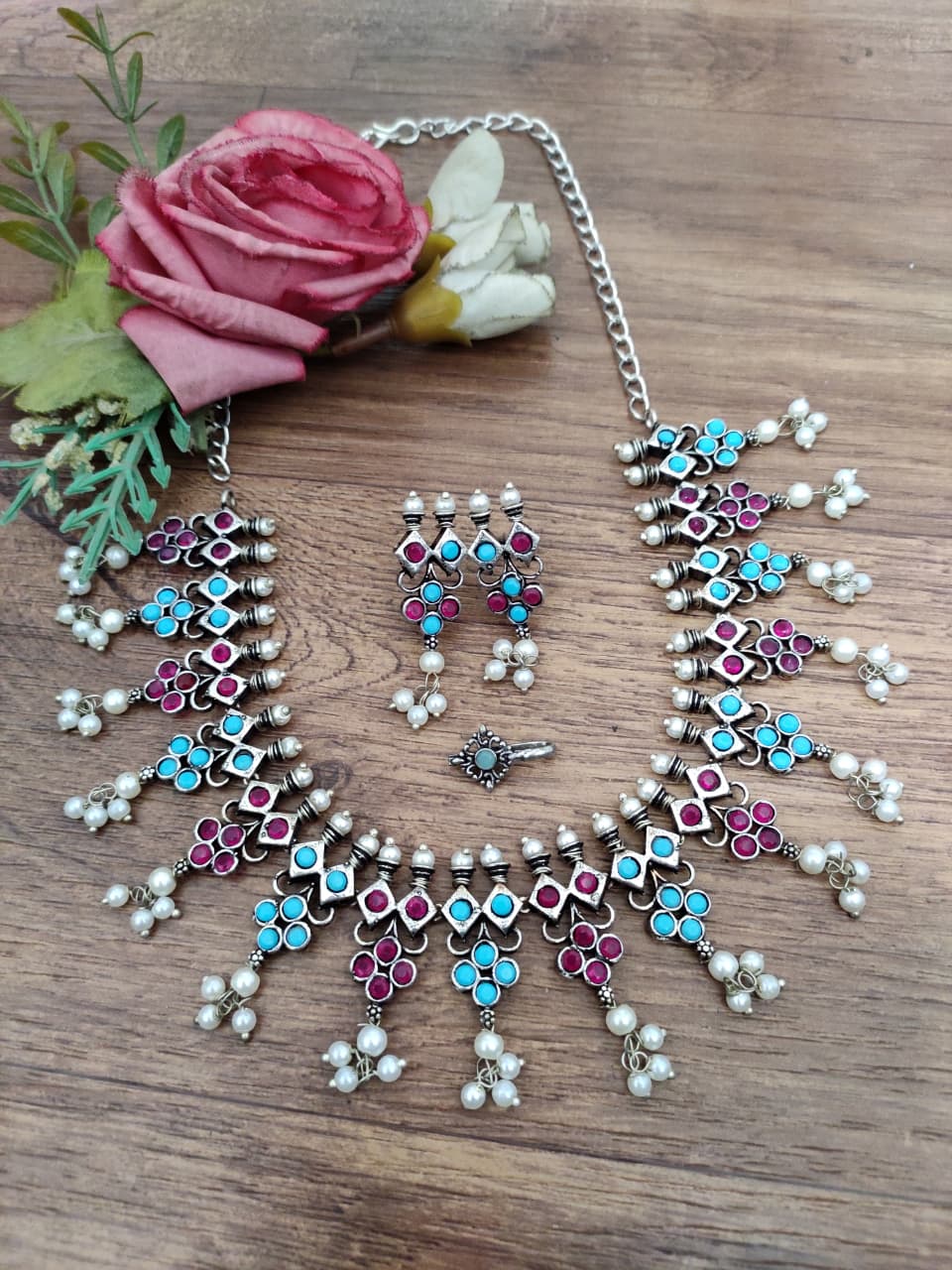 Oxidised Pearl Fringe Afghani Necklace Set – Earrings & Nose Pin