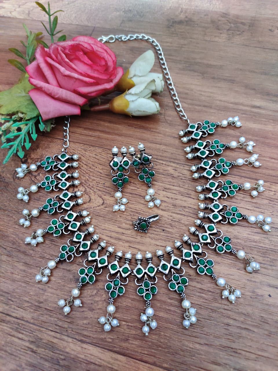 Oxidised Pearl Fringe Afghani Necklace Set – Earrings & Nose Pin
