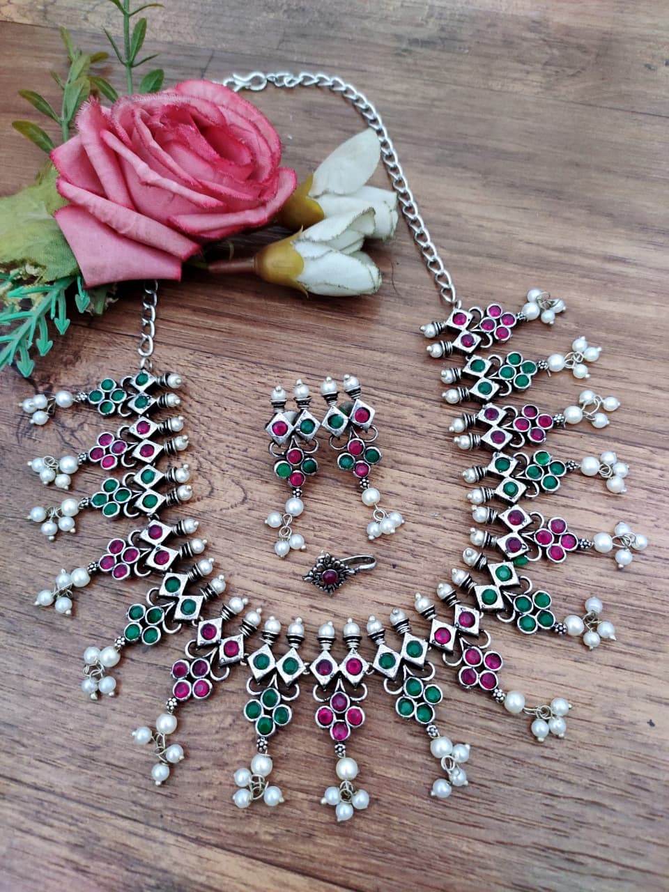 Oxidised Pearl Fringe Afghani Necklace Set – Earrings & Nose Pin
