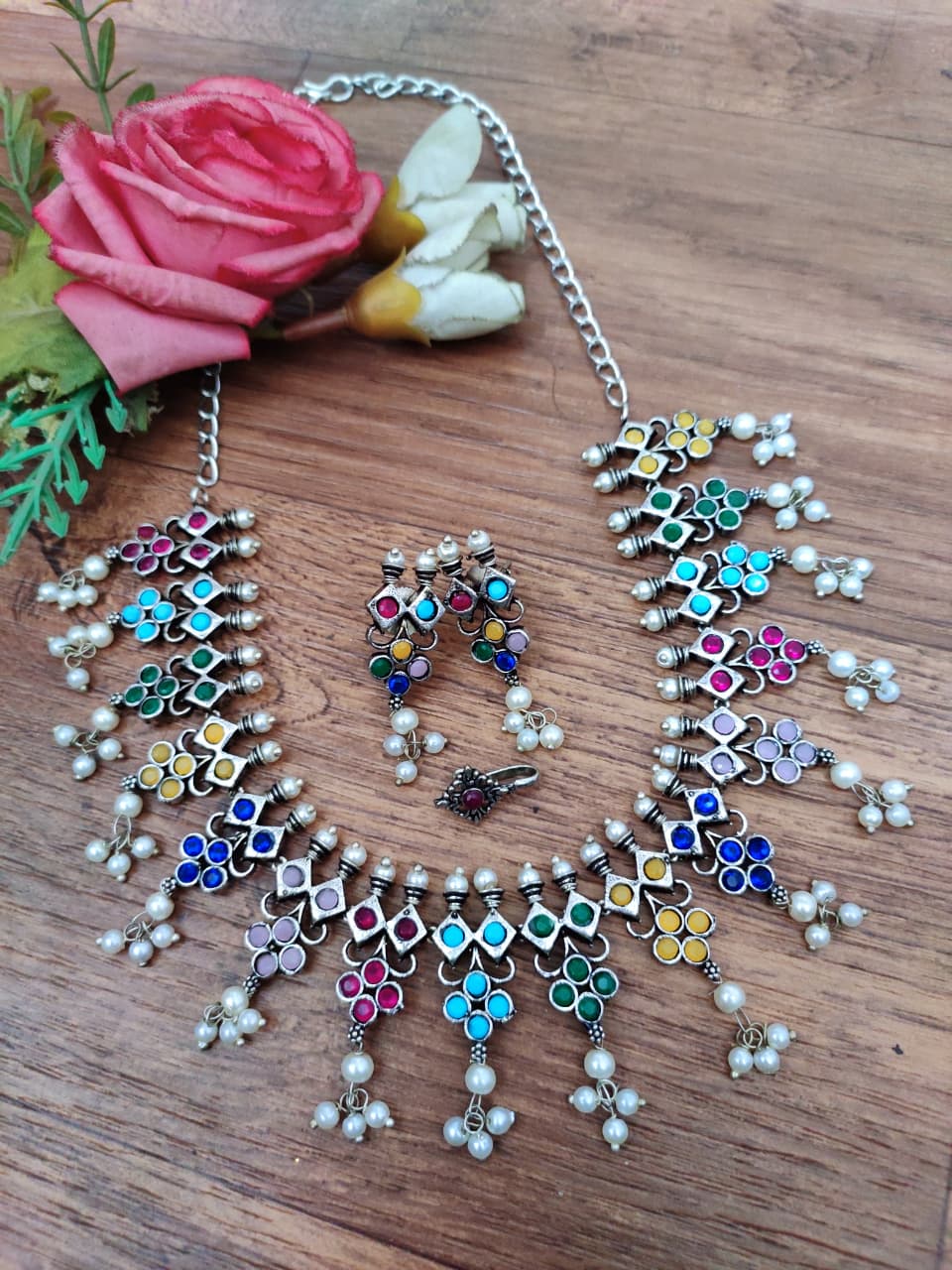Oxidised Pearl Fringe Afghani Necklace Set – Earrings & Nose Pin