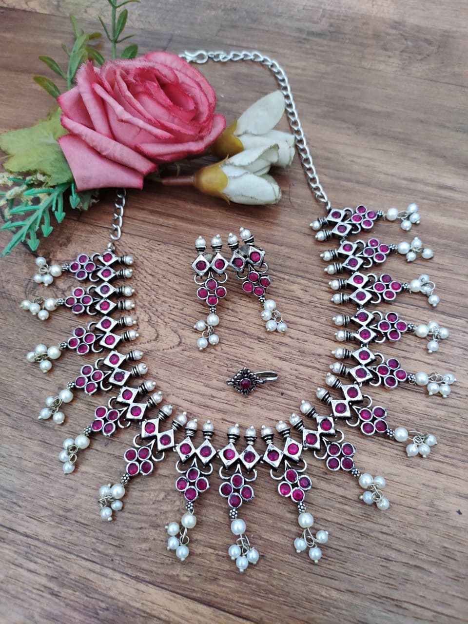 Oxidised Pearl Fringe Afghani Necklace Set – Earrings & Nose Pin