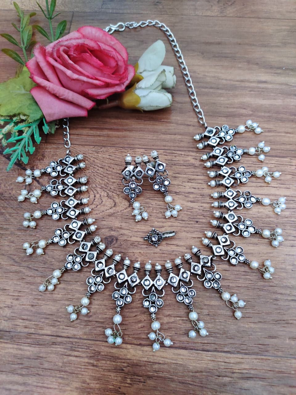 Oxidised Pearl Fringe Afghani Necklace Set – Earrings & Nose Pin