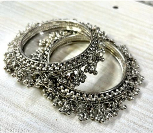 Antique Oxidized Silver Bangles with Clustered Ghungroo Design