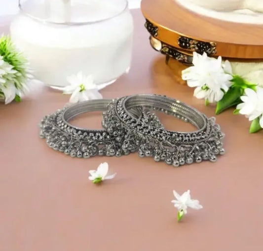 Antique Oxidized Silver Bangles with Clustered Ghungroo Design