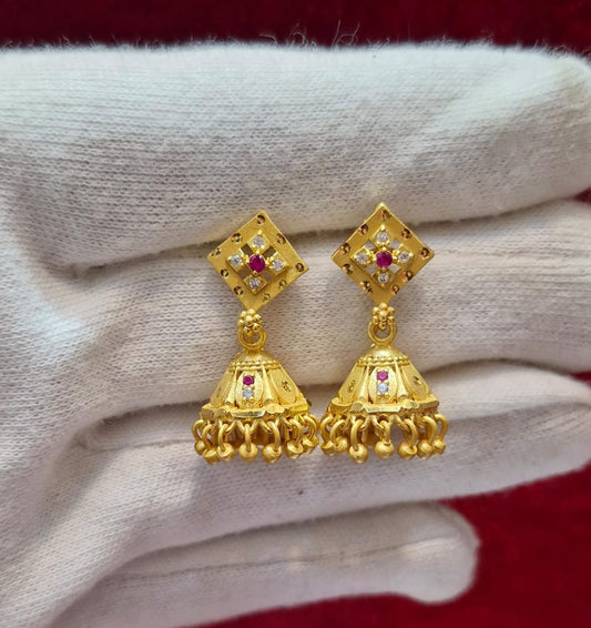 Square Bloom Stud Jhumka Earrings – Gold‑Tone & White Stone Accents