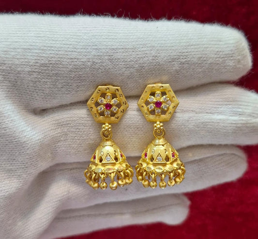Hexa Bloom Stud Jhumka Earrings – Gold‑Tone & White Stone Accents