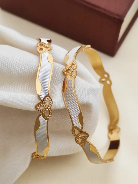 Clover Wave Dual‑Tone Bangles – Gold Polish with Rhodium Accents (Set of 2)