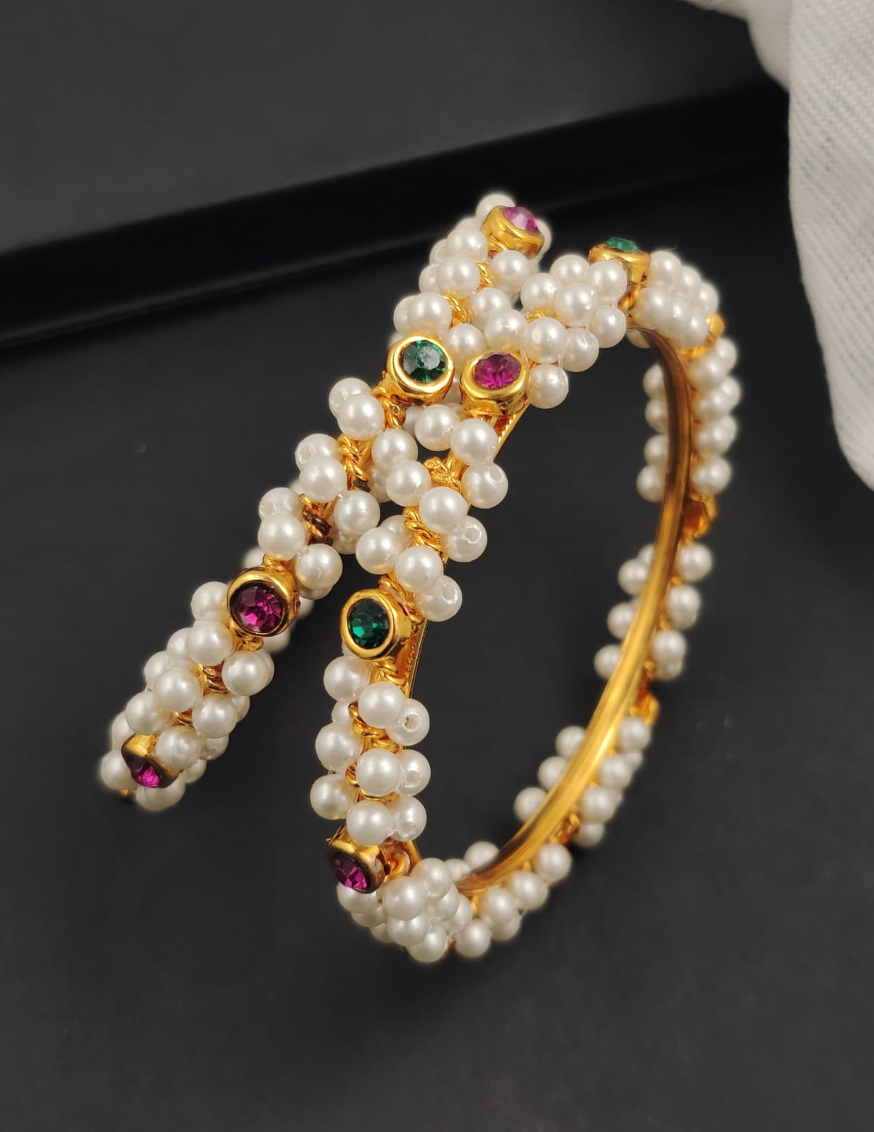 Pearl Cluster Bangles with Multicolor Stones – Gold‑Tone (Set of 2)