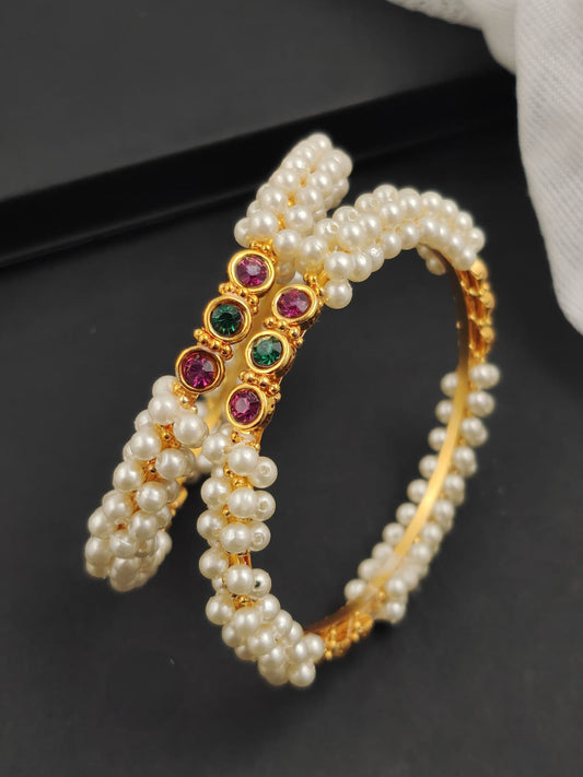 Double‑Row Pearl Bangles with Multicolor Bezel Stones – Gold‑Tone (Set of 2)