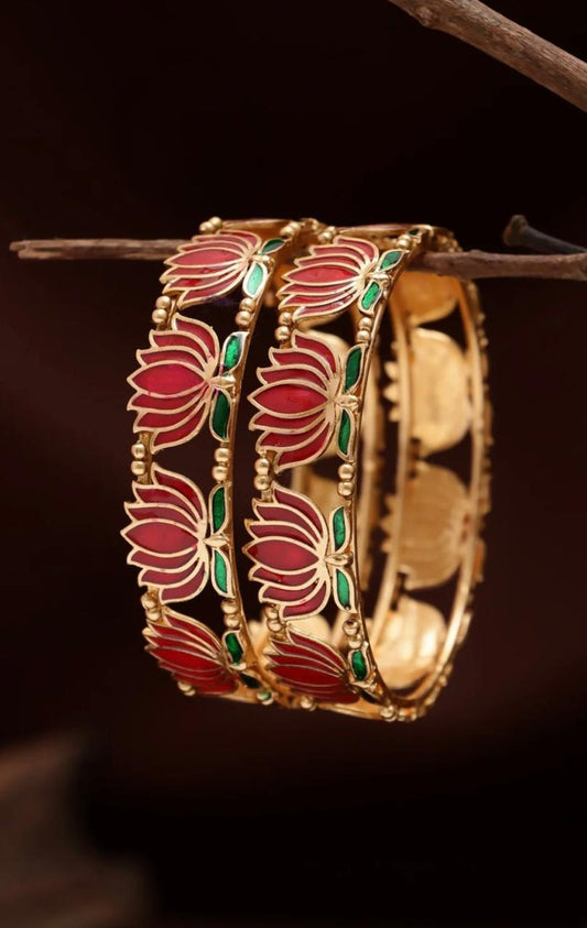 Lotus Meenakari Openwork Bangles – Gold‑Tone with Ruby & Emerald Enamel (Set of 2)