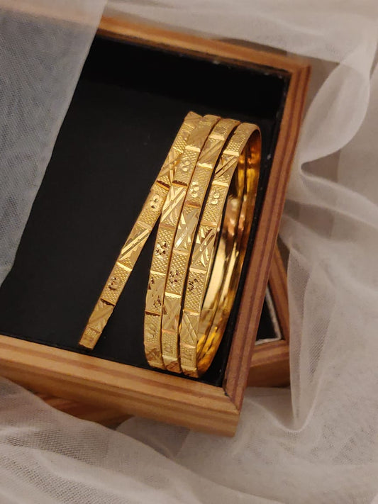 Geo Diamond‑Cut Textured Bangles – Gold Polish (Set of 5)