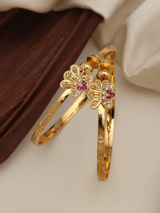 Delicate Gold Butterfly Bangle Set with Ruby and Diamond Accents