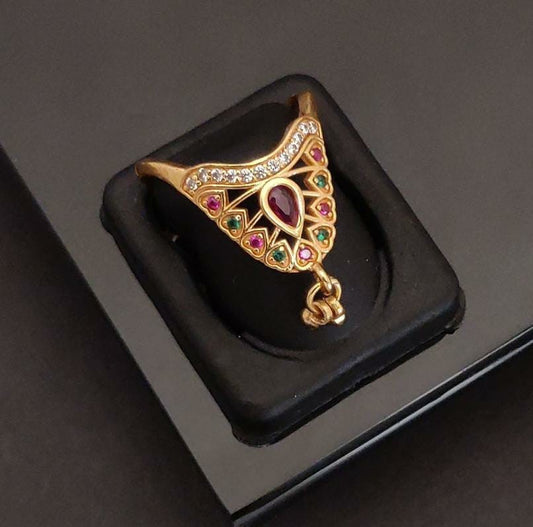 Temple-Inspired Kemp Ring – Gold-Tone with Ruby & Emerald Accents