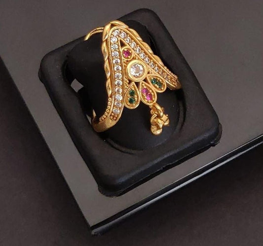 Elegant Gold-Plated Dangle Ring with Multi-Colored Gemstones